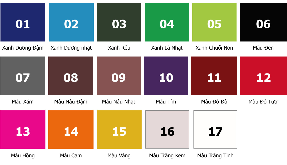 Bảng 17 màu dù chính thức, cao cấp, đẹp