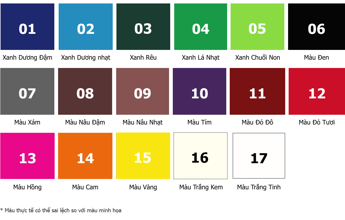 Bảng màu dù có 17 màu lựa chọn
